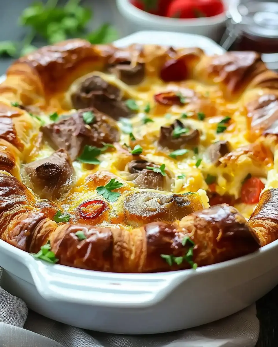 Irresistible Overnight Croissant Breakfast Casserole with Turkey Bacon and Chicken Ham