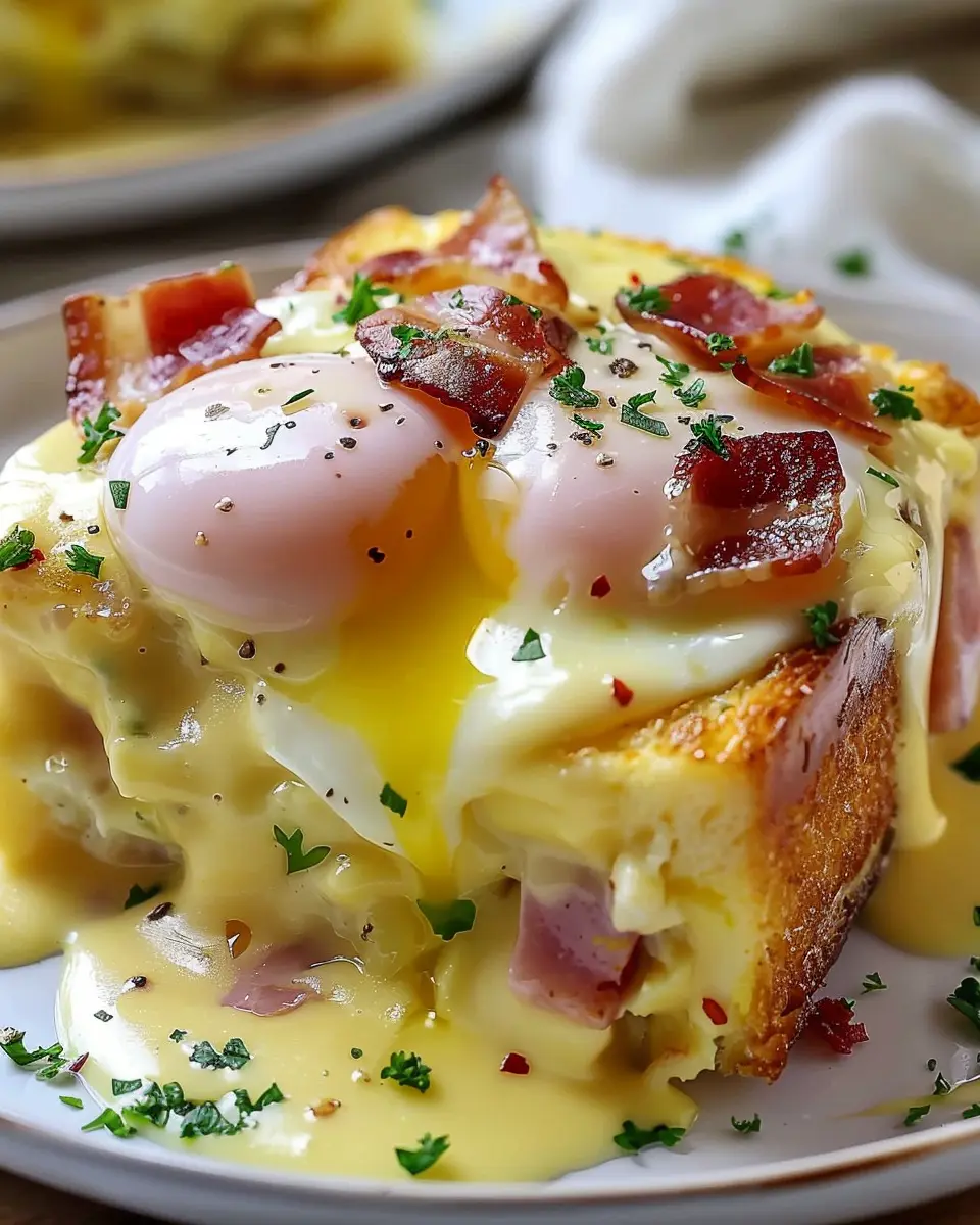 Eggs Benedict Casserole Bake with Turkey Bacon and Chicken Ham