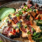Korean BBQ Steak Rice Bowls with Spicy Cream Sauce