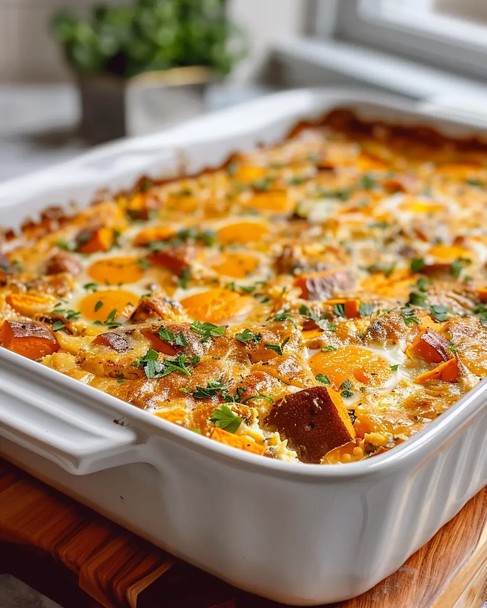 Easy Sweet Potato Egg Casserole with Turkey Bacon and Veggies