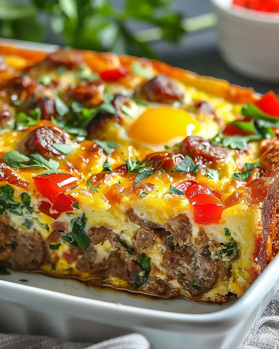 Easy Sausage and Egg Casserole with Turkey Bacon and Chicken Ham